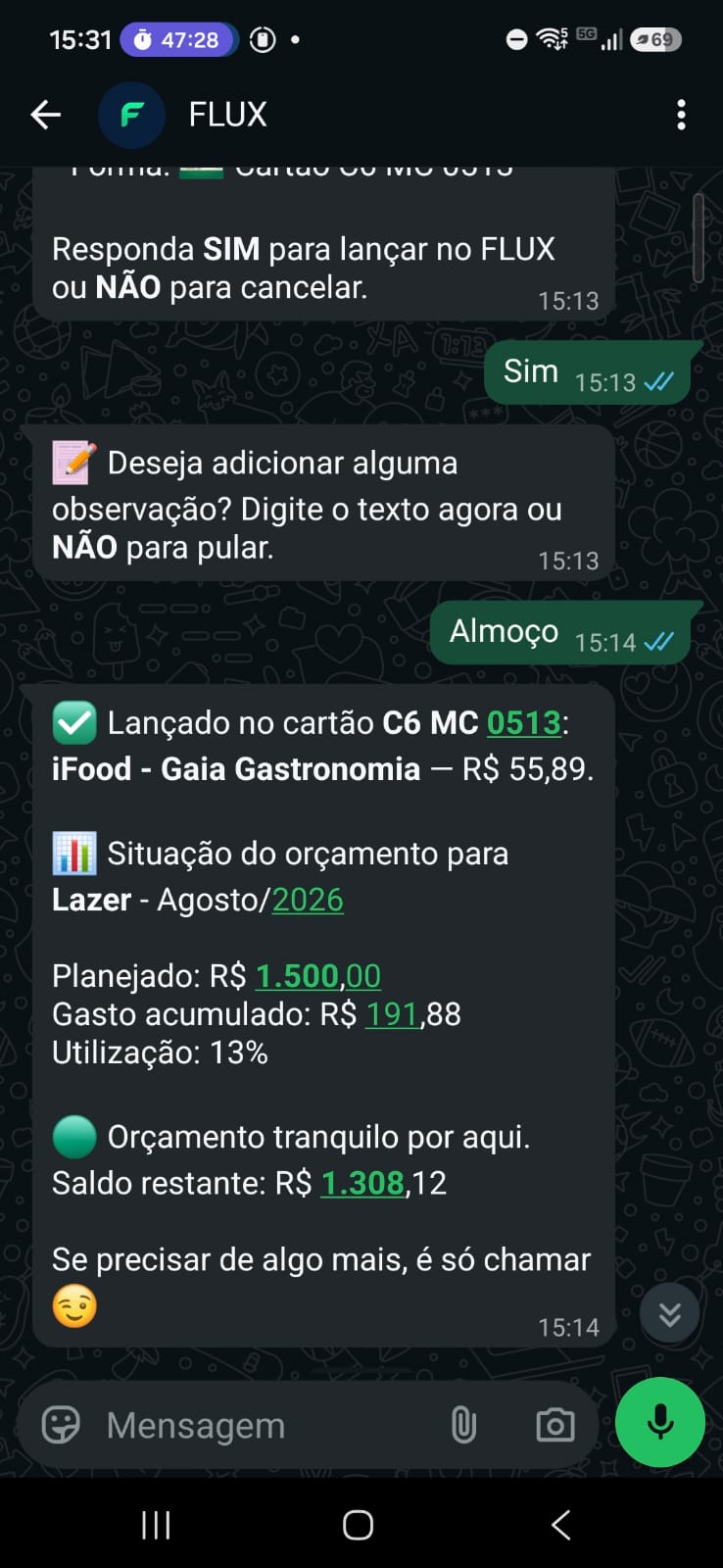 Lançamento confirmado e status do orçamento