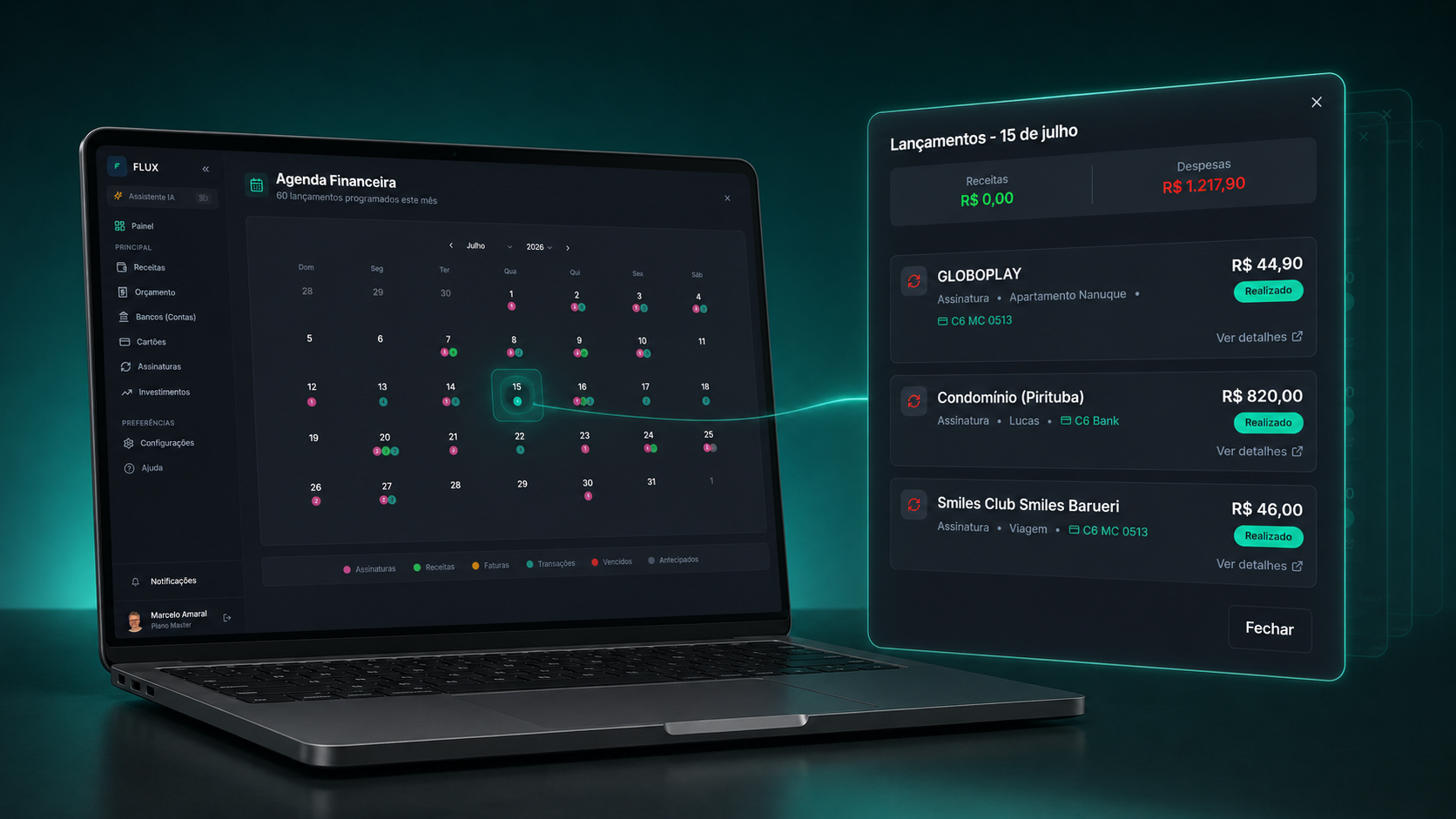 Agenda Financeira do FLUX com calendário mensal e detalhes do dia
