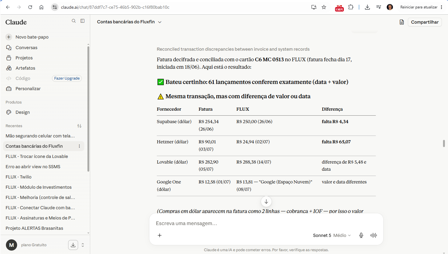 Conciliação de fatura com o Claude via FLUX MCP