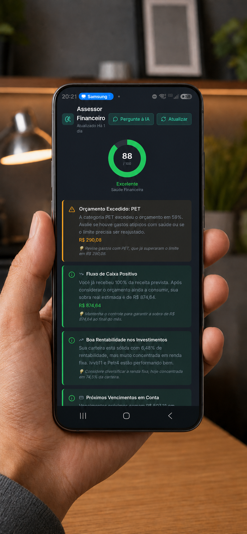 Score de saúde financeira do FLUX com detalhamento dos pontos