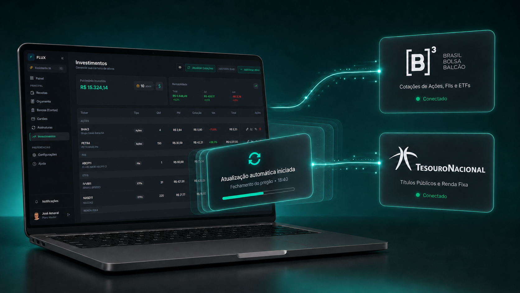 FLUX Investimentos com atualização automática de cotações via B3 e Tesouro Nacional