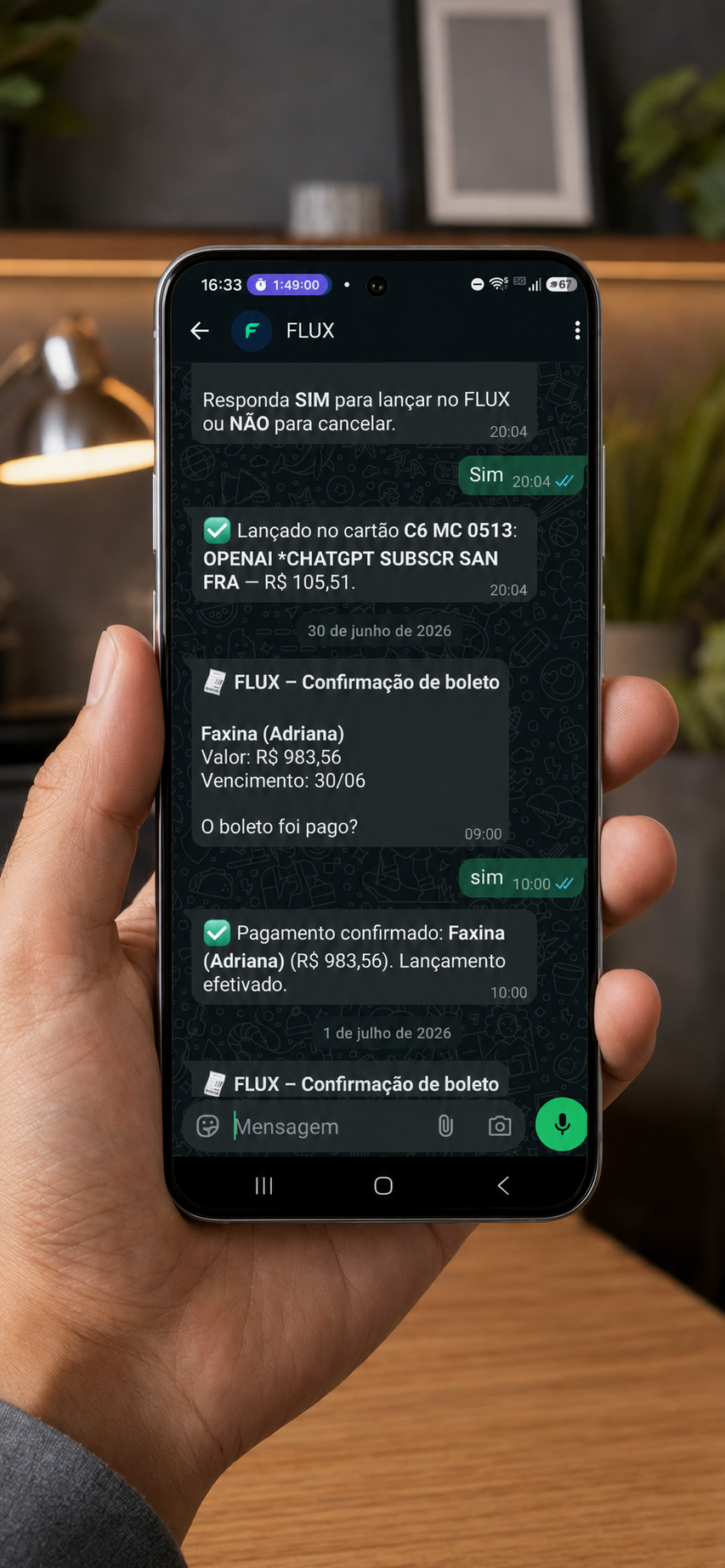 Alertas de boleto e confirmação de assinatura no WhatsApp do FLUX