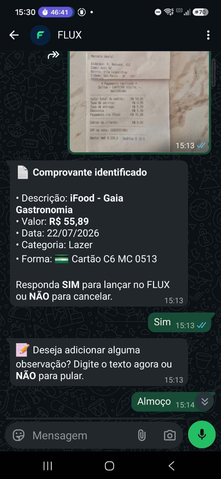 Comprovante identificado no WhatsApp do FLUX